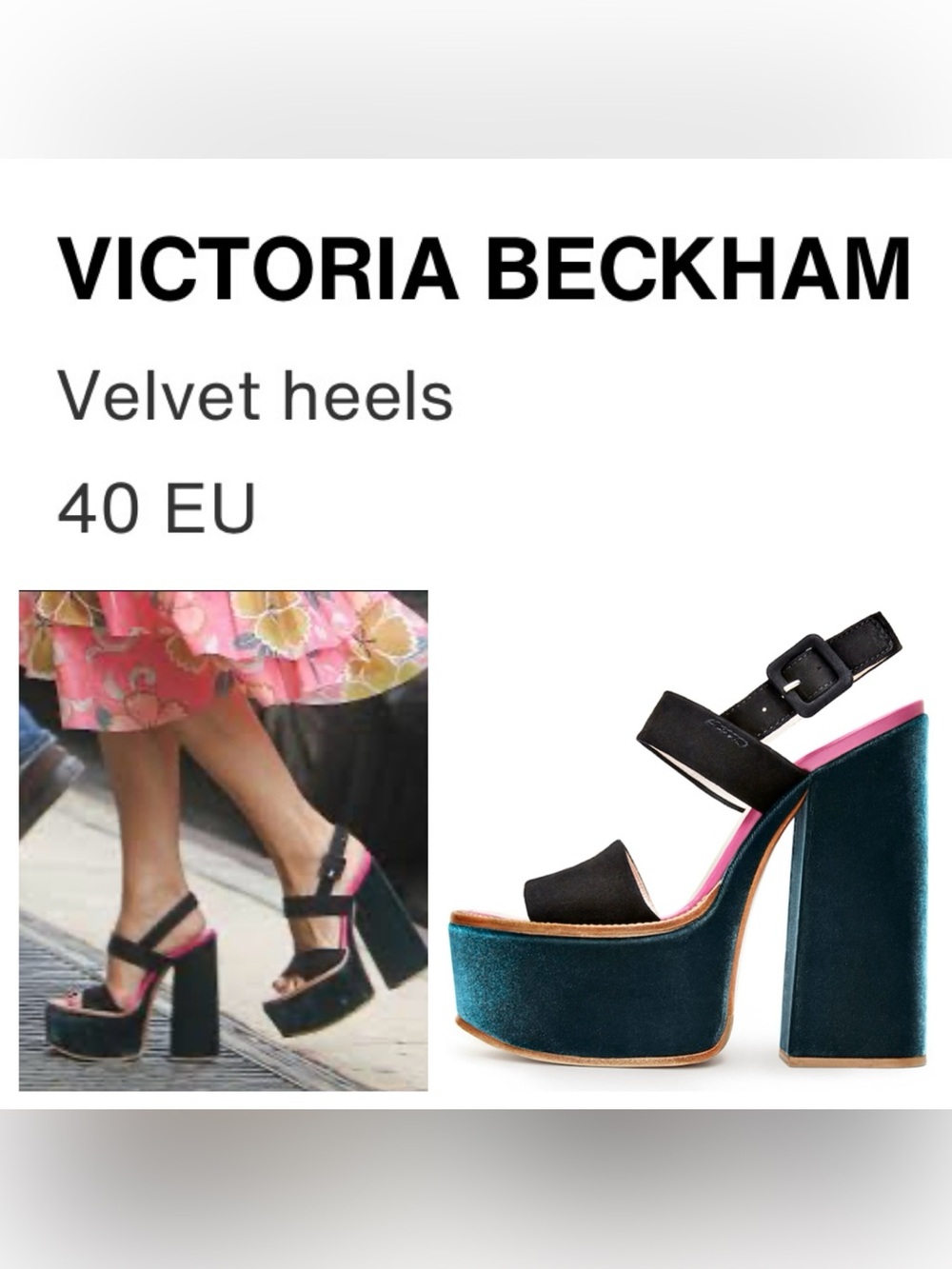 VICTORIA BECKHAM Green & Black Velvet Platform Sandals With Pink Accent
